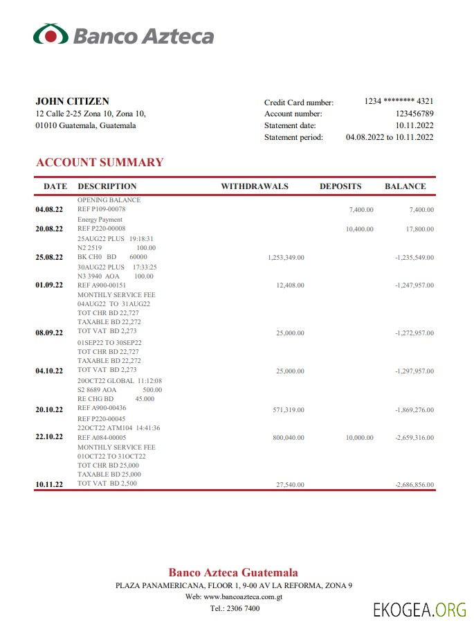 Relevé bancaire Guatemala Azteca